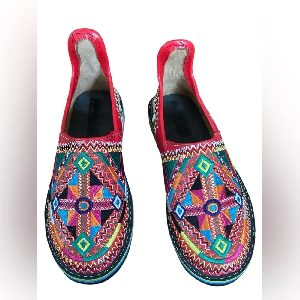Moroccan Style Red Embroidered Babouche Mules Maximalist Folk Boho 8